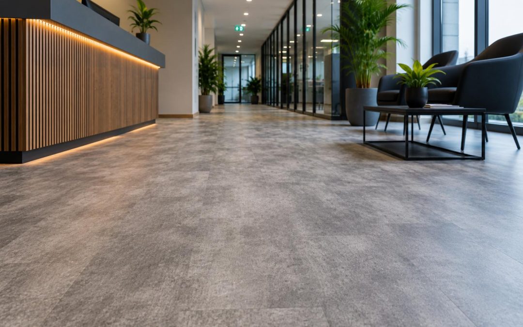 Modern commercial office interior in London with durable vinyl flooring designed for high foot traffic and long-term performance