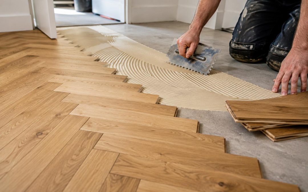 professional wooden floor installation in london with engineered oak flooring being fitted over prepared subfloor by expert installer