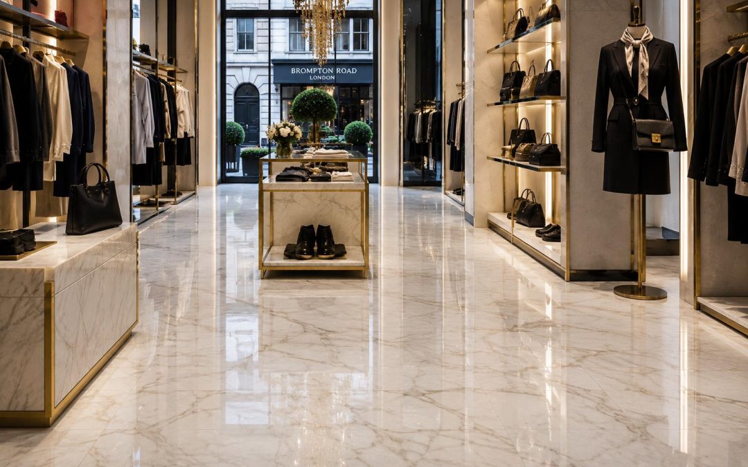 Luxury retail shop in London with polished marble flooring creating a high-end reflective finish throughout the interior
