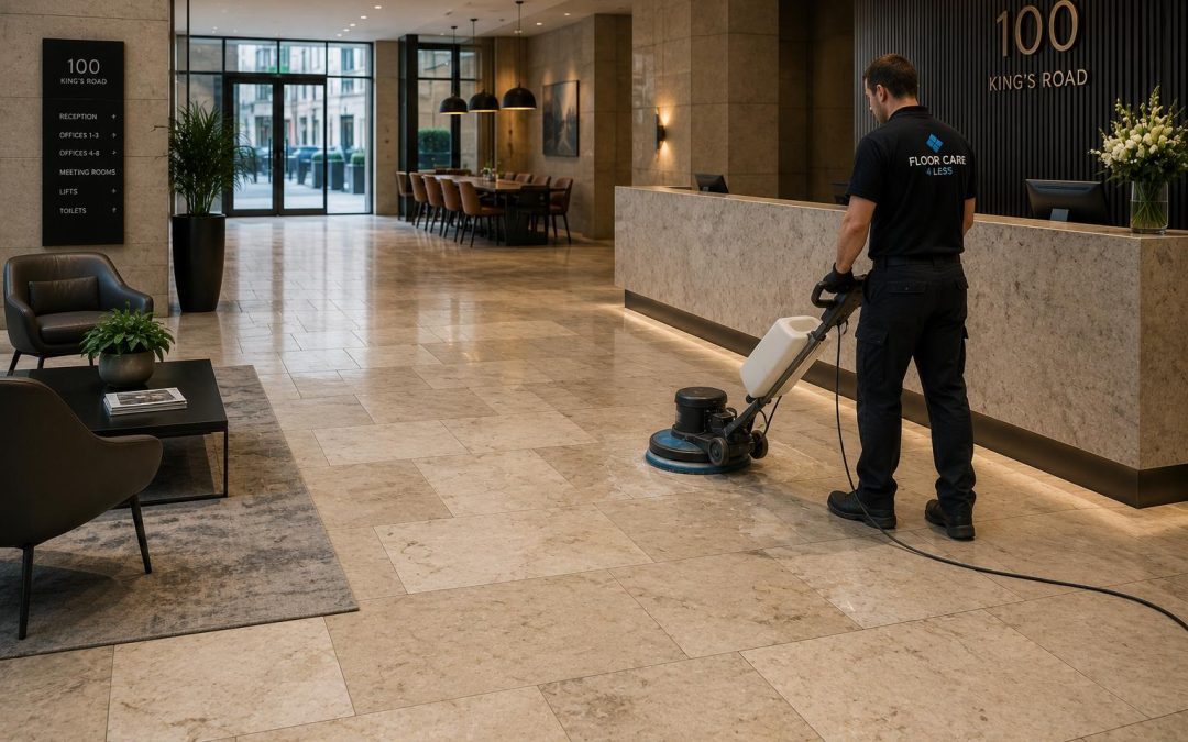 Commercial stone floor cleaning in London lobby with natural stone tiles being professionally polished and maintained in a high-end business environment