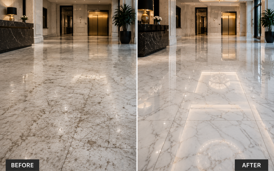 Before and after marble floor restoration in a luxury London commercial lobby, showing worn stone transformed into a polished reflective finish